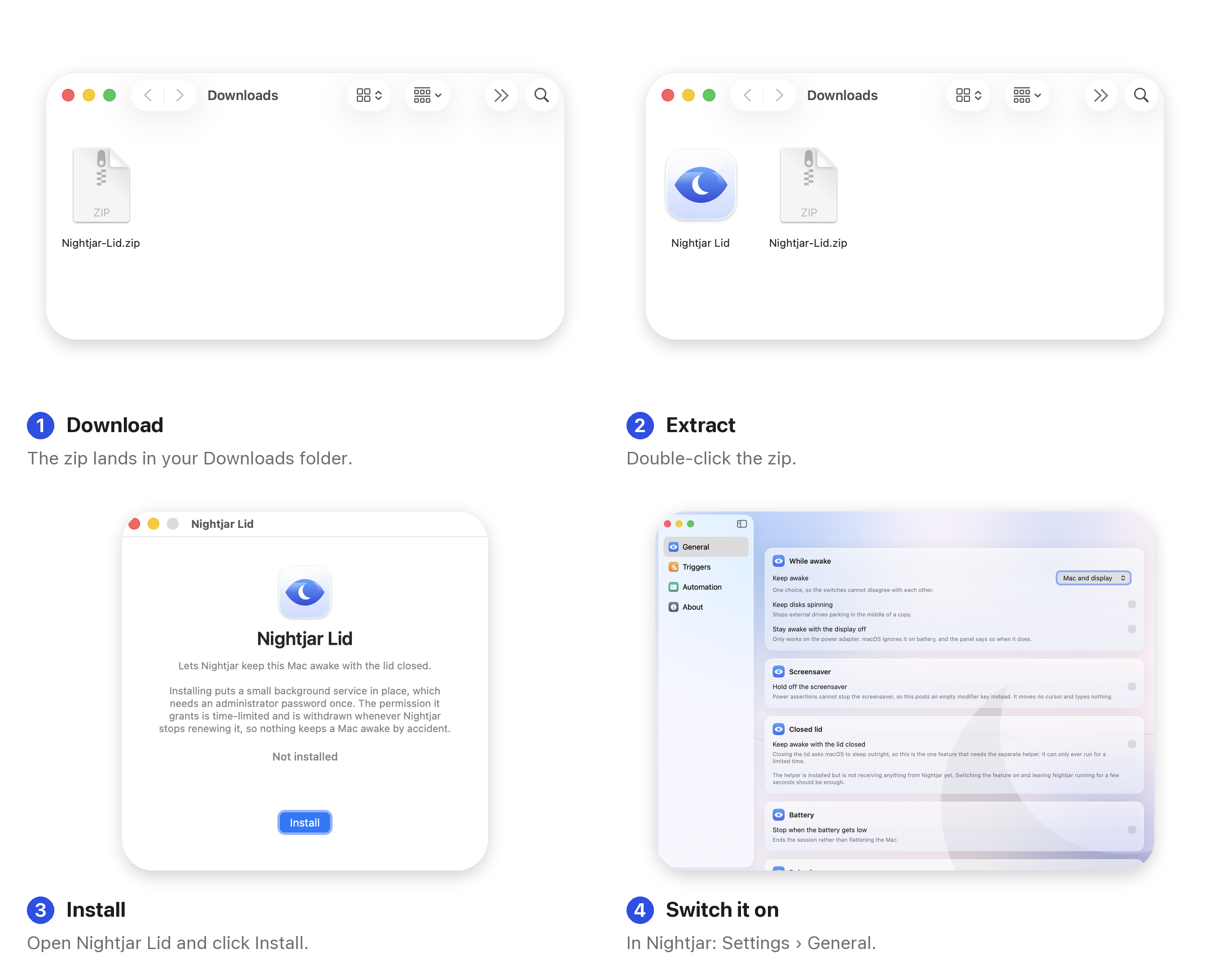 Four steps. One, the downloaded Nightjar-Lid.zip in the Downloads folder. Two, the same folder after double-clicking the zip, now holding the Nightjar Lid app. Three, Nightjar Lid open, with an Install button. Four, Nightjar's Settings showing closed-lid support working.
